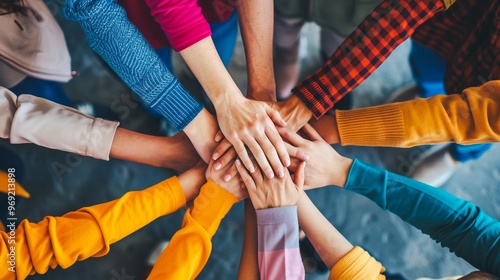 Diverse team members from different backgrounds joining hands in a show of collective support for a common goal or purpose