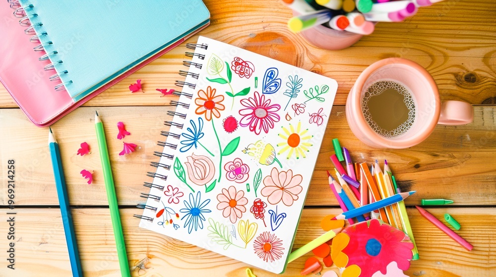 Fototapeta premium Colorful array of art supplies stationery and creative tools arranged on a wooden desk suggesting a workspace for expression learning and productivity