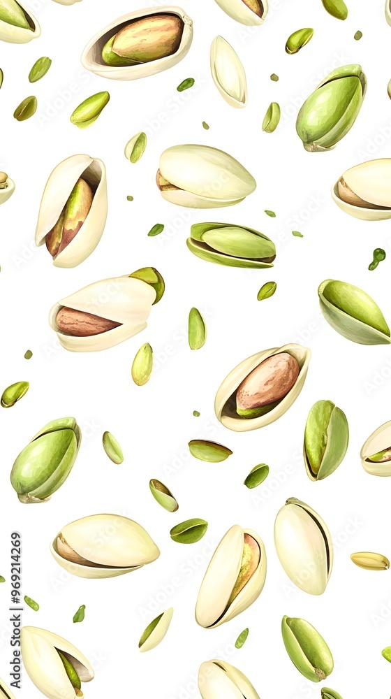 A scattered arrangement of pistachio nuts. A scattered arrangement of pistachio nuts.
