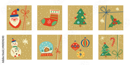 New Year's children's craft from cut pieces of colored paper. Handmade. Set of square template greeting card. Christmas tree and toys, snow globe and Santa Claus. Vector illustration.