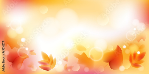 Autumn dreamy blurred gradient horizontal background. Banner design with copy space. Autumn leaves and bokeh. Vector stock illustration.