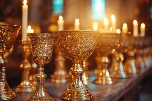 A close up of ornate candlesticks in Catholic church, radiating warmth