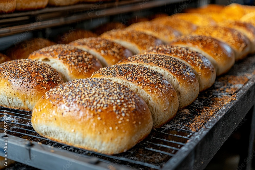Freshly Baked Sesame Seeded Bread Loaves on a Cooling Rack Freshly Baked Sesame Seeded Bread Loaves on a Cooling Rack