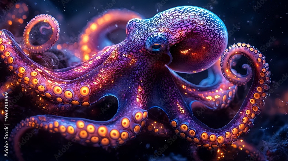 Obraz premium Semiabstract octopus with tentacles forming vibrant neon spirals symbolizing intelligence adaptability and mystery