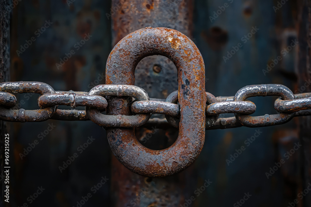 A close up of rusted metal chain with sinister look, evoking sense of decay