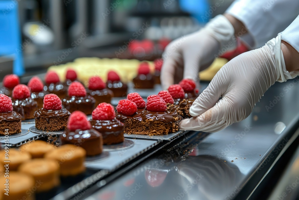 Gloved Hand Reaching for a Raspberry Topped Chocolate Dessert Gloved Hand Reaching for a Raspberry Topped Chocolate Dessert