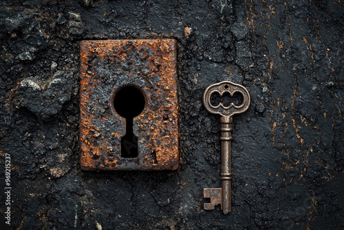 A close up of rusted metal lock and sinister key evokes mystery and intrigue