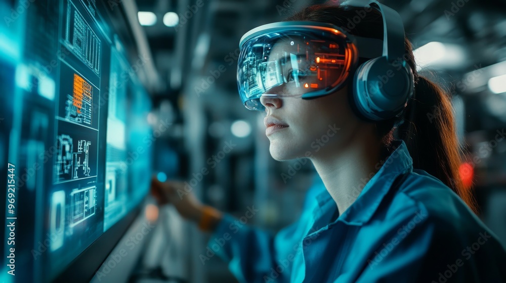 Futuristic AI-driven factories using holographic displays for real-time production monitoring: Factory workers using AR headsets and holograms to track production line efficiency. Futuristic AI-driven factories using holographic displays for real-time production monitoring: Factory workers using AR headsets and holograms to track production line efficiency.