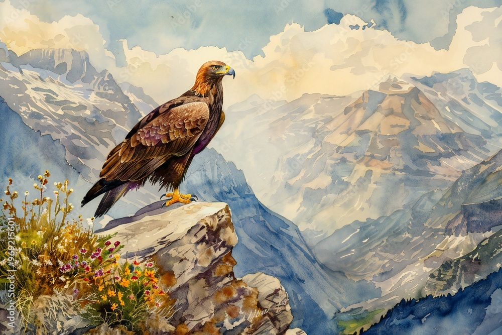 Fototapeta premium Golden Eagle perched on a cliff in a rugged mountain landscape with alpine flowers,watercolor illustration , created by ai