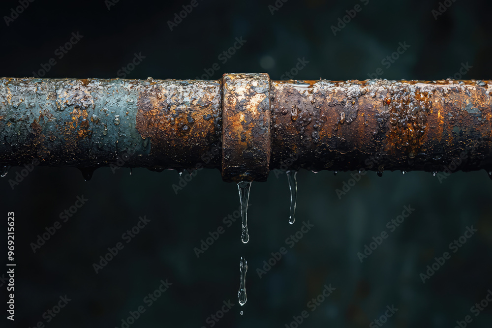 A close up of rusted metal pipe with dripping water creates striking visual A close up of rusted metal pipe with dripping water creates striking visual