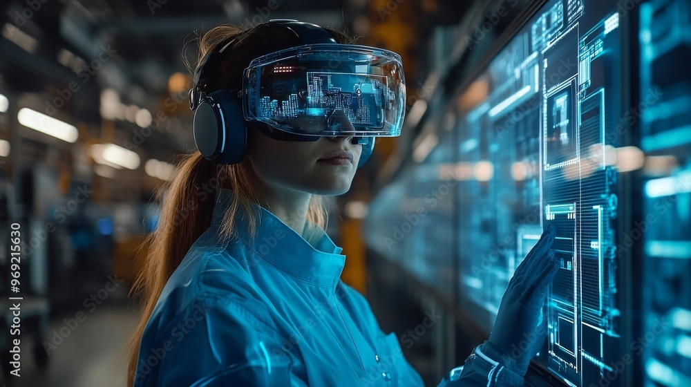 Futuristic AI-driven factories using holographic displays for real-time production monitoring: Factory workers using AR headsets and holograms to track production line efficiency. Futuristic AI-driven factories using holographic displays for real-time production monitoring: Factory workers using AR headsets and holograms to track production line efficiency.