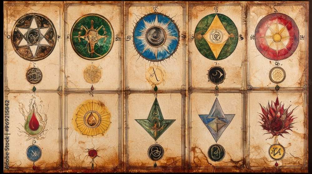 Obraz premium Vintage alchemical symbolism manuscript illuminations