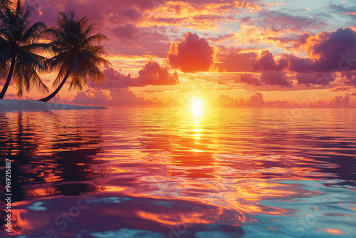 A stunning sunset over tropical paradise with vibrant colors reflecting on water