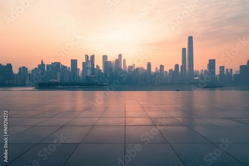 Empty square floors and city skyline with modern buildings in Chongqing at sunrise with generative ai