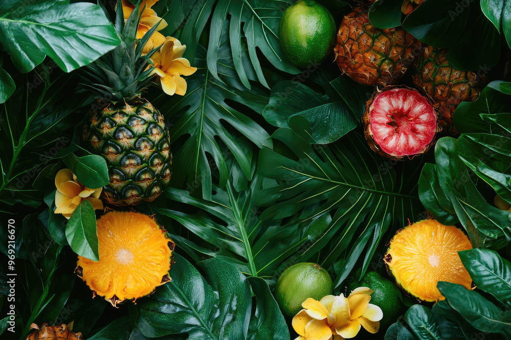 Tropical paradise with exotic fruits and lush green leaves creates vibrant scene Tropical paradise with exotic fruits and lush green leaves creates vibrant scene