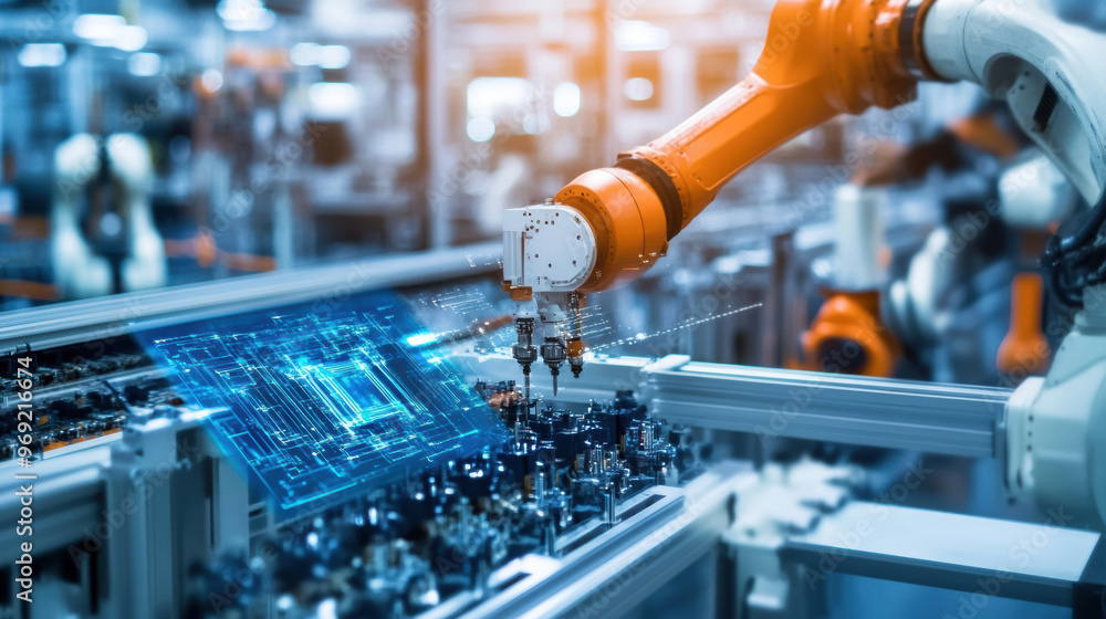 image showcases an advanced robotic arm performing visual quality inspection in high tech manufacturing environment, highlighting precision and innovation