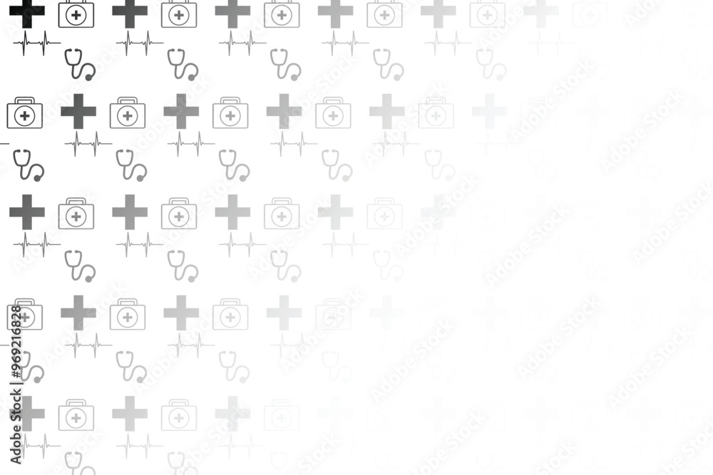 A seamless pattern of medical symbols, including crosses, stethoscopes, first aid kits, and EKG lines, representing healthcare, emergency services, and medical care. A seamless pattern of medical symbols, including crosses, stethoscopes, first aid kits, and EKG lines, representing healthcare, emergency services, and medical care.