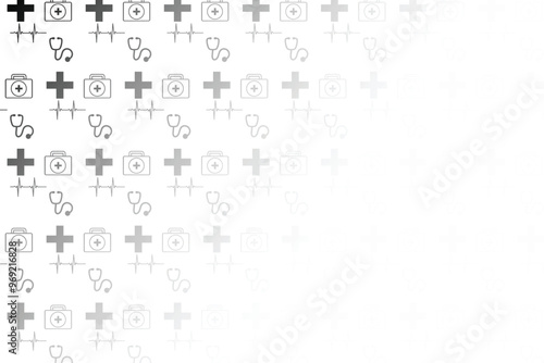 A seamless pattern of medical symbols, including crosses, stethoscopes, first aid kits, and EKG lines, representing healthcare, emergency services, and medical care.