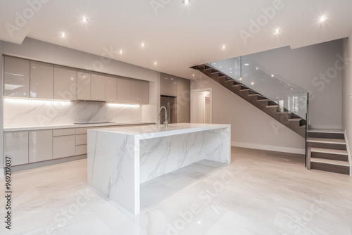 Sleek modern basement kitchen featuring a large white marble island, glossy cabinets, and a glass staircase with ambient lighting