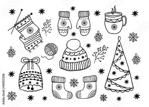 A set of winter drawings for decorating the New Year and Merry Christmas. A hat, mittens, socks, a Christmas tree, a bell, a mug, snowflakes, a scarf and a skein of thread for knitting and winter mood