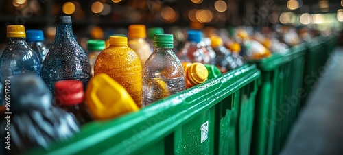 A closeup view of a crate or container filled with various colorful recycled plastic and glass bottles showcasing the concept of environmental conservation sustainability