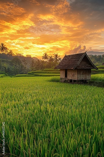 A small wooden cottage in the middle of beautiful rice fields in Indonesia, beautiful sunrise 