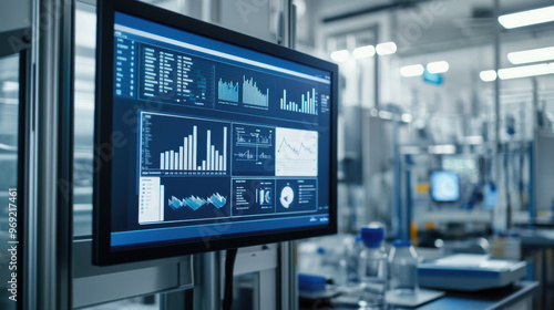 Digital display showing product rejection rates and analytical data in modern laboratory setting. screen features various graphs and metrics, reflecting performance insights