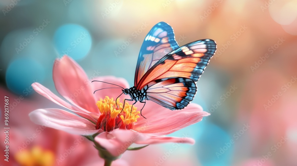 Obraz premium Stunning butterfly with vibrant transparent wings resting on an enchanting flower