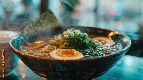 Steaming bowl of japanese ramen with softboiled eggs and green onions photo