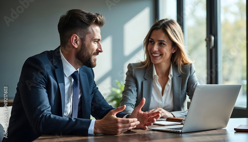 Two colleagues engaged in a lively discussion, seated at a wooden table with a laptop, showcasing teamwork and collaboration in a bright office environment.