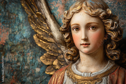 A close up of an angelic figure with gentle expression and detailed features photo