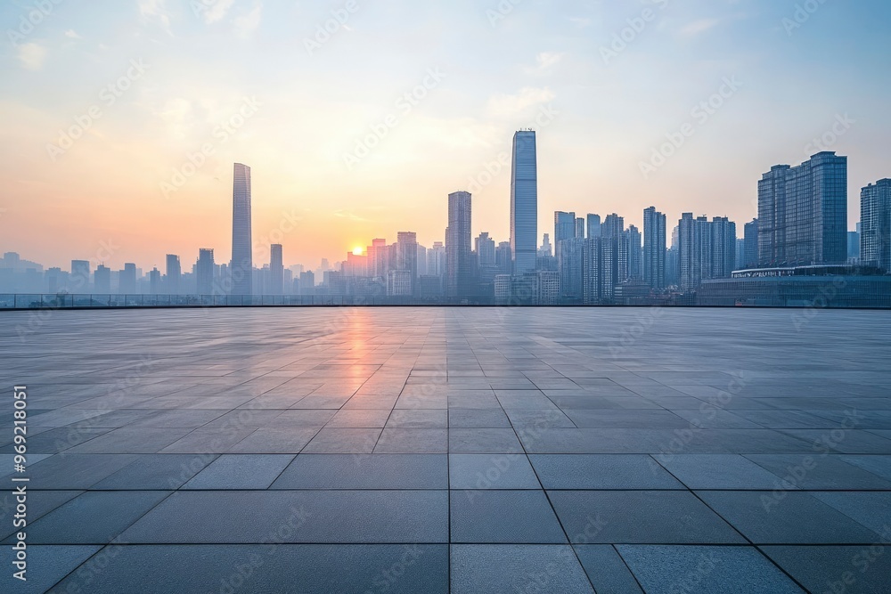 Empty square floors and city skyline with modern buildings in Chongqing at sunrise with generative ai Empty square floors and city skyline with modern buildings in Chongqing at sunrise with generative ai