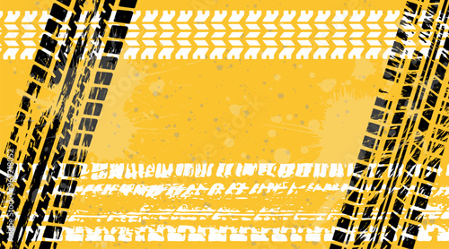 Grunge car tire marks on yellow background with splashes, template for business card with copy space. Vector illustration.