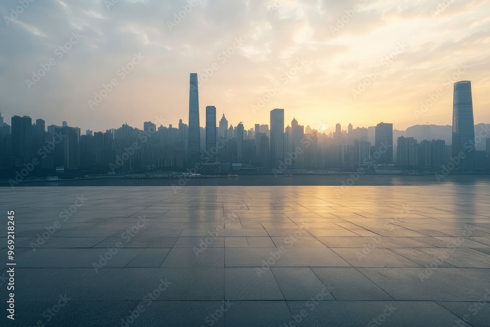 Empty square floors and city skyline with modern buildings in Chongqing at sunrise with generative ai Empty square floors and city skyline with modern buildings in Chongqing at sunrise with generative ai