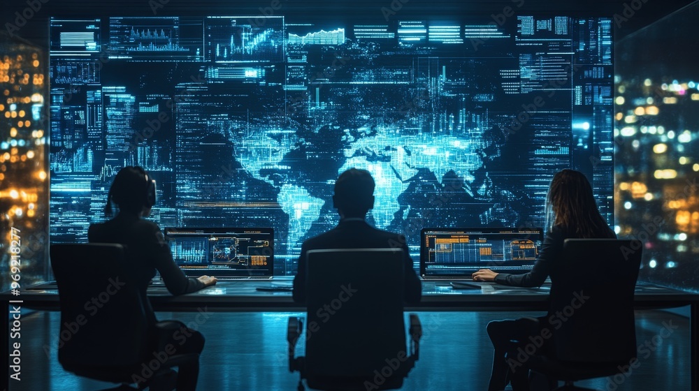 Holographic conference rooms with global participants: People from around the world attending a meeting via holograms. Holographic conference rooms with global participants: People from around the world attending a meeting via holograms.