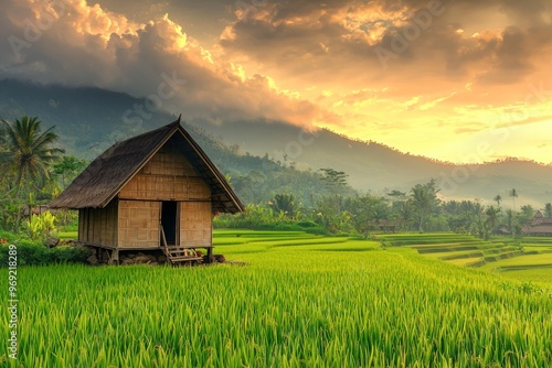 A small wooden cottage in the middle of beautiful rice fields in Indonesia, beautiful sunrise 