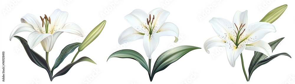 Obraz premium A stunning trio of white lilies showcasing delicate petals and vibrant green leaves, perfect for botanical illustrations.
