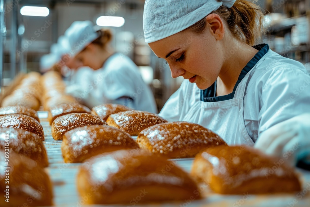 Young Woman Inspecting Freshly Baked Bread in a Bakery
