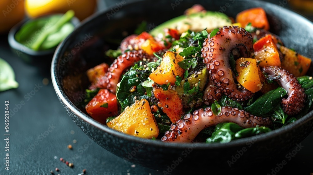 Close up of octopus salad in a bowl. Perfect for showcasing seafood dishes and culinary photography. Close up of octopus salad in a bowl. Perfect for showcasing seafood dishes and culinary photography.