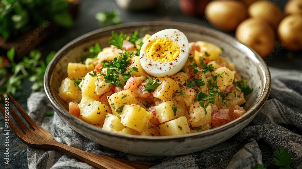 A bowl of potato salad with an egg. This image shows a healthy and delicious meal perfect for a blog post on potato salad recipes. A bowl of potato salad with an egg. This image shows a healthy and delicious meal perfect for a blog post on potato salad recipes.