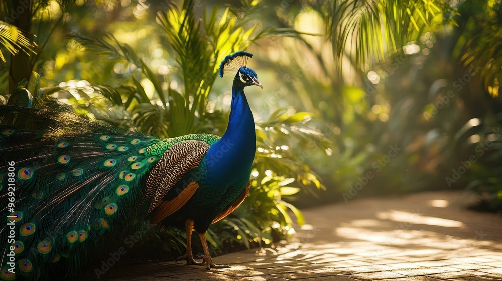 Obraz premium A peacock walking through a tropical garden, tail feathers dragging softly over the lush greenery below.