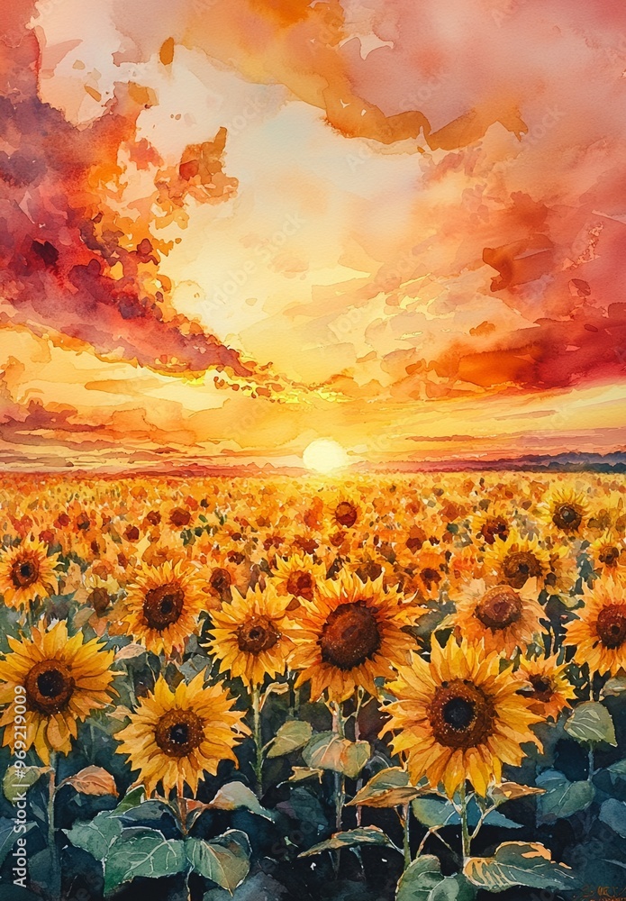 Obraz premium Vibrant Sunflower Field Bathed in Warm Sunlight at Dramatic Sunset Landscape Beautiful Pastoral Countryside with Blooming Flowers and Glowing Sky