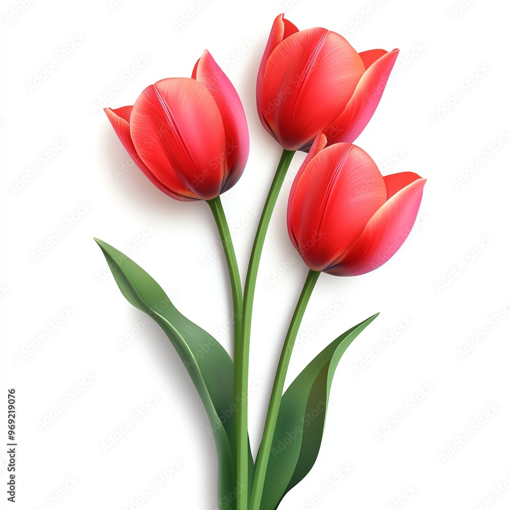 A vibrant bouquet of three red tulips with lush green leaves, perfect for adding a touch of elegance to any space. A vibrant bouquet of three red tulips with lush green leaves, perfect for adding a touch of elegance to any space.