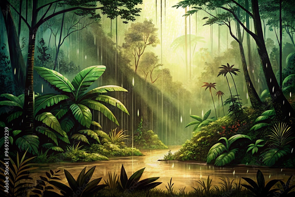 Naklejka premium A quiet grove in the rainforest, with the sound of rain gently pattering on leaves.