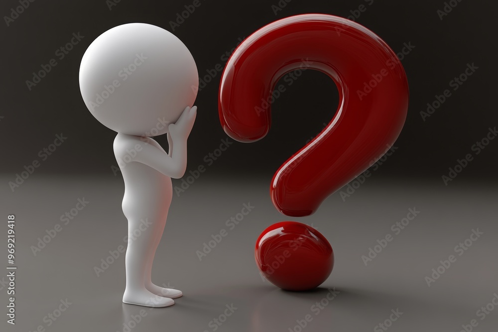 3D Render of a White Figure Contemplating a Red Question Mark 3D Render of a White Figure Contemplating a Red Question Mark
