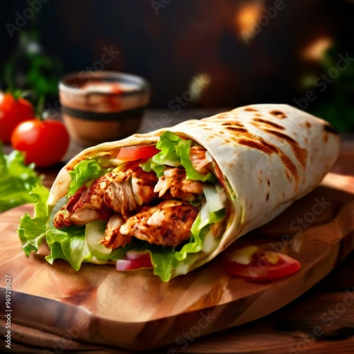 Shawarma sandwich gyro fresh roll of lavash pita bread chicken beef shawarma falafel RecipeTin Eatsfilled with grilled meat, mushrooms, cheese. Traditional Middle Eastern snack. On wooden backgroun