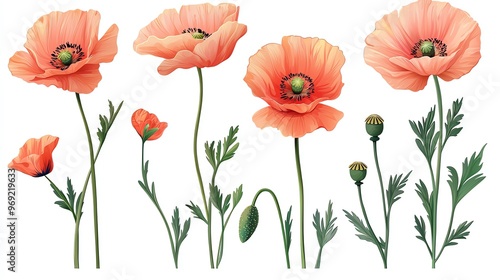 A vibrant collection of orange poppy flowers showcasing their delicate petals and lush green foliage against a clean background.