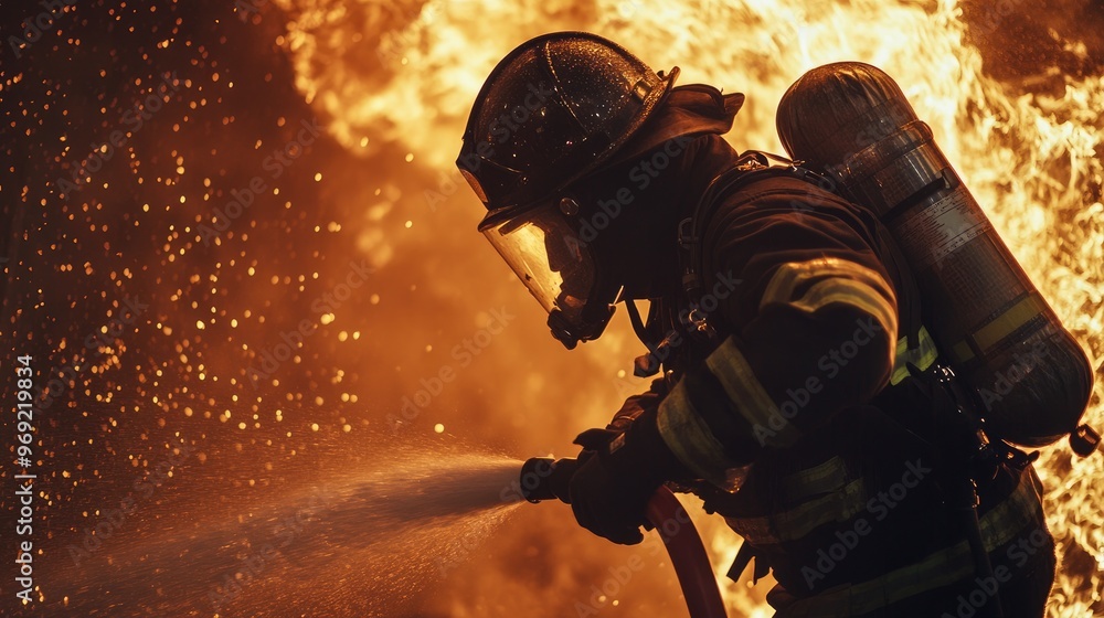 Fototapeta premium Firefighters are extinguishing a burning fire. Fireman putting out fire 