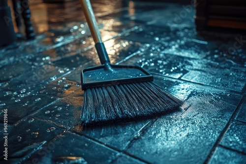 Wallpaper Mural A broom lies on wet floor tiles. It symbolizes cleaning and maintenance of a home or business. Torontodigital.ca