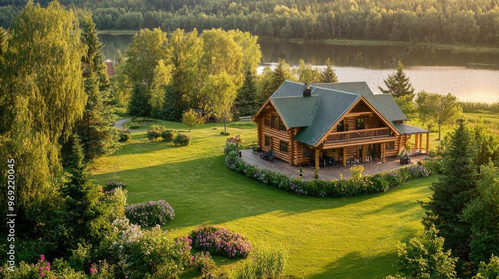 A beautiful log cabin surrounded by green grass, flowers, and trees on the edge of an area with a lake in Russia. The aerial view captures the entire A beautiful log cabin surrounded by green grass, flowers, and trees on the edge of an area with a lake in Russia. The aerial view captures the entire